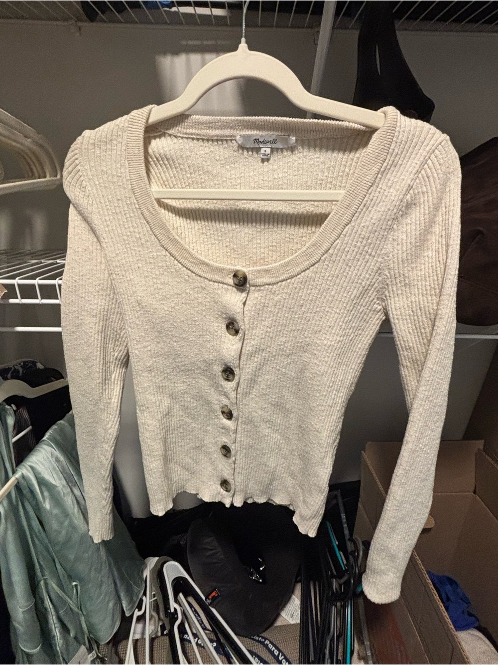 Madewell Cream Ribbed Button-Front Long Sleeve Top